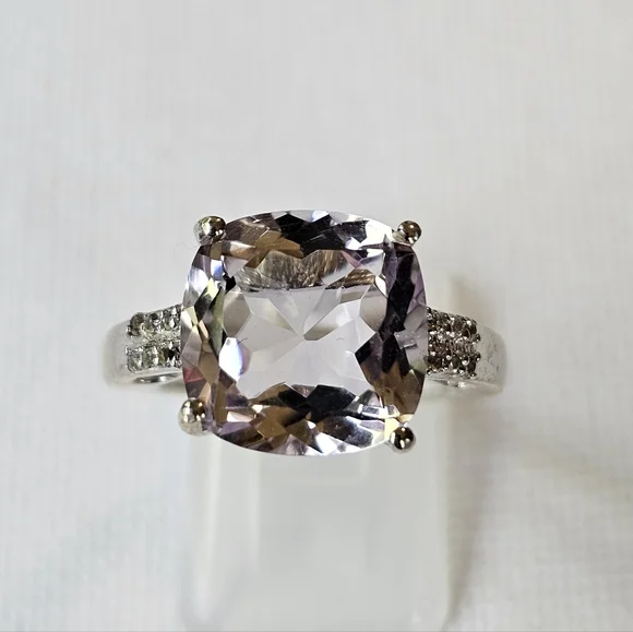 Genuine Rose De France Amethyst & White Topaz Sterling Silver Ring Size 6 - Picture 4 of 11